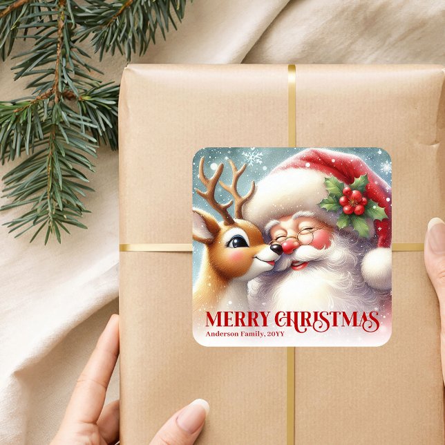 Frosty Personalized Santa and Rudolph Holiday Kids Square Sticker (Frosty Personalized Santa and Rudolph Holiday Sticker)