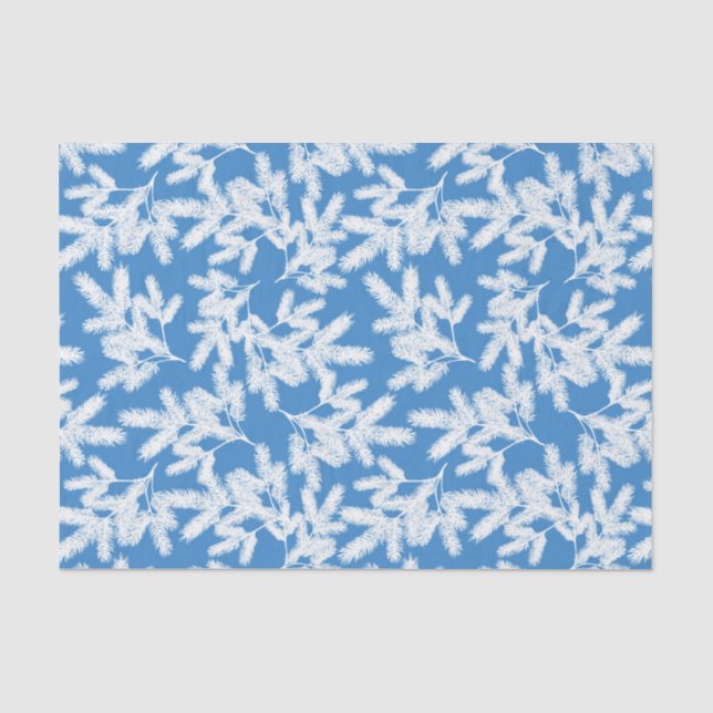 Frosty Pine Tree Branches White Blue Christmas Tissue Paper (Front)