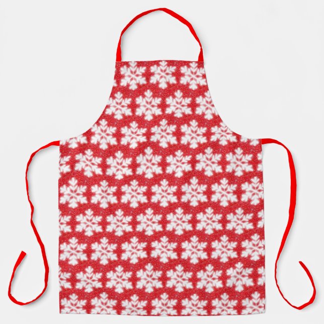Frosty red North Pole snowflakes | sparkling snow  Apron (Front)