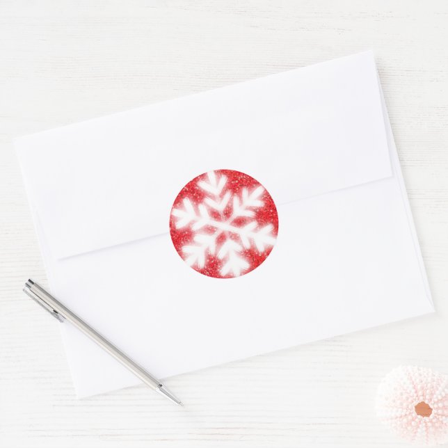 Frosty red North Pole snowflakes | sparkling snow Classic Round Sticker (Envelope)