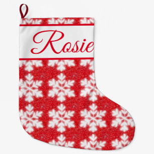 Frosty red North Pole snowflakes   sparkling snow Large Christmas Stocking