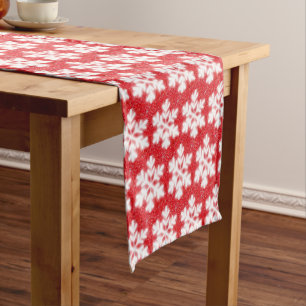 Frosty red North Pole snowflakes   sparkling snow  Short Table Runner