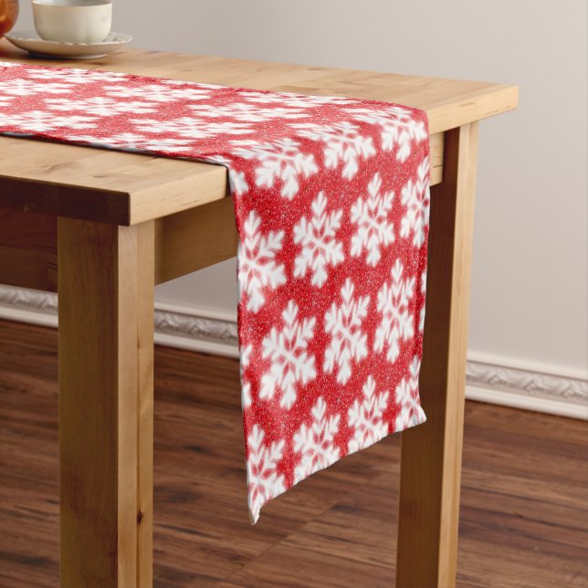 Frosty red North Pole snowflakes | sparkling snow  Short Table Runner (In Situ)
