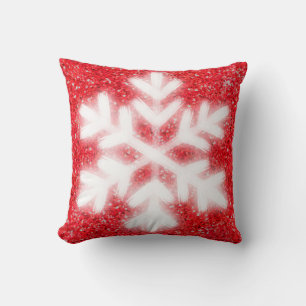 Frosty red North Pole snowflakes   sparkling snow Throw Pillow