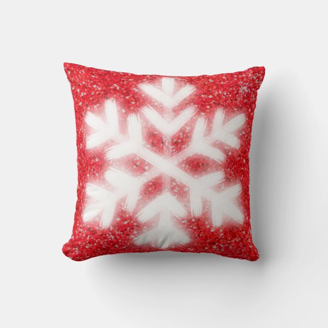 Frosty red North Pole snowflakes | sparkling snow Throw Pillow (Front)