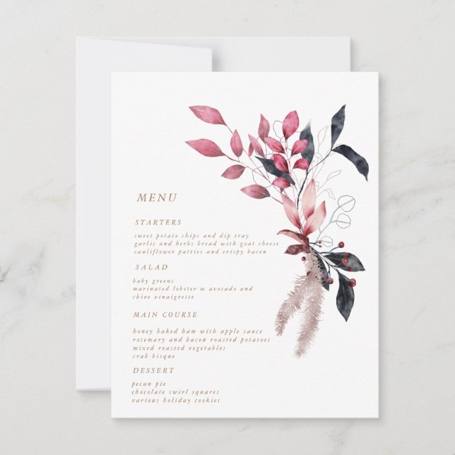 frosty red winter floral Wedding Dinner Menu card (Front)