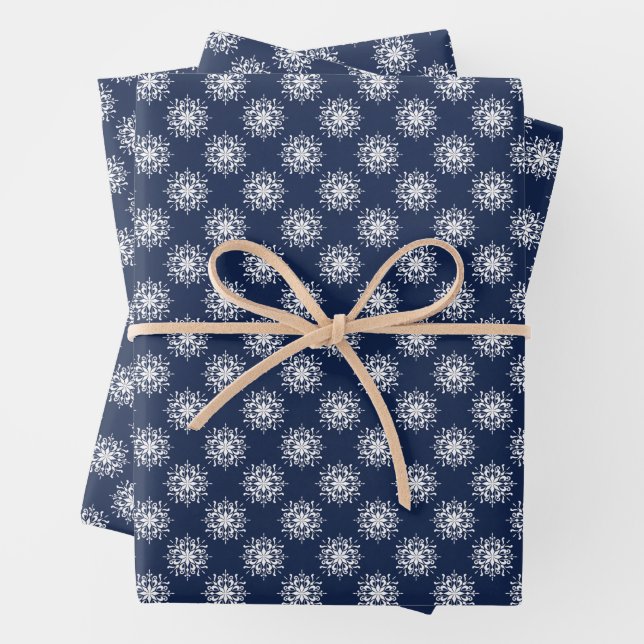 Frosty Snowflake Design on a Midnight Blue Sky Wrapping Paper Sheet (In situ)