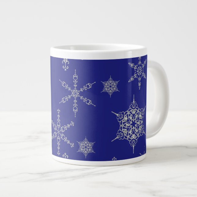 Frosty Snowflake Diamond Sparkle Elegant & Trendy Large Coffee Mug (Front Right)