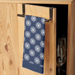 Frosty snowflakes on a midnight blue sky kitchen towel