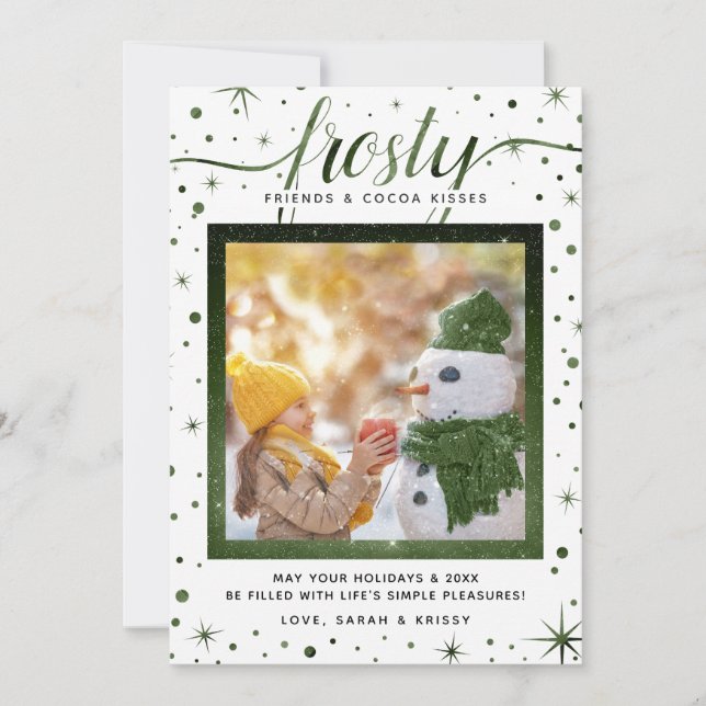 Frosty Snowflakes & Simple Pleasures | Green Holiday Card (Front)