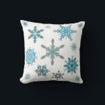 Frosty snowflakes throw pillow<br><div class="desc">Fluffy snowflake pattern in grey, aqua, teal and white.</div>