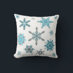 Frosty snowflakes throw pillow<br><div class="desc">Fluffy snowflake pattern in grey,  aqua,  teal and white.</div>