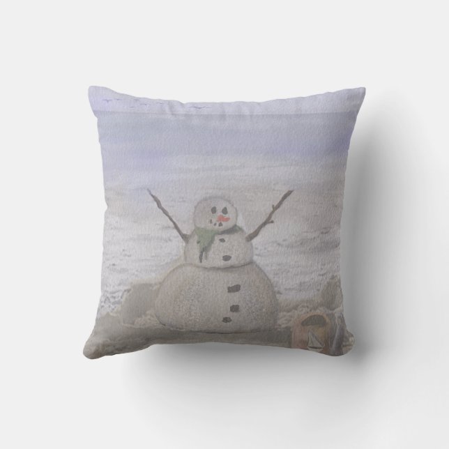 Frosty Snowman At The Beach Throw Pillow (Back)