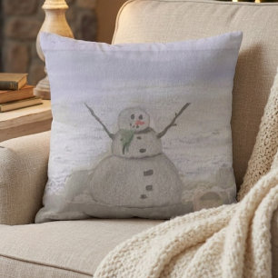 Frosty Snowman At The Beach Throw Pillow