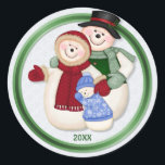 Frosty Snowman Family - Blue Classic Round Sticker<br><div class="desc">Frosty the Snowman with Mrs Frosty and baby boy Frosty. They are all dressed up in scarf and mittens. Text says Our First Family Christmas 20XX. Great holiday keepsake for a special day.</div>