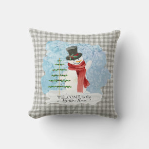 Frosty Snowman Winter Christmas Grey White Plaid Throw Pillow