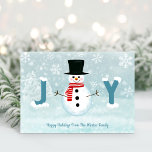 Frosty Snowman Winter Wonderland Joy Christmas Holiday Card<br><div class="desc">Winter wonderland theme Christmas card features Frosty the Snowman in a snowy landscape with trees and snowflakes,  with a "JOY" typography greeting in blue letters (Frosty's belly takes the place of the "O"). Original artwork KL Stock.</div>
