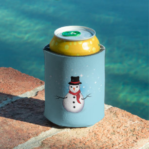 Frosty Snowman with Hat and Scarf on Light Blue Can Cooler