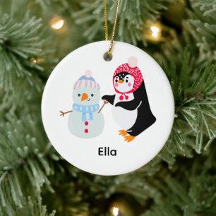 Frosty the Snowman and Penguin Ceramic Ornament