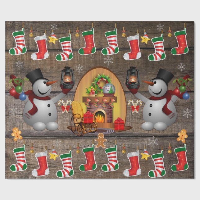 Frosty The Snowman Christmas Fireplace Stockings Wrapping Paper (Flat)