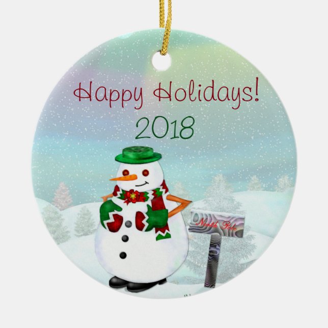 Frosty Town Christmas PERSONALIZED CIRCLE ONLY Ceramic Ornament (Front)