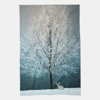 Frosty tree in the evening  kitchen towel
