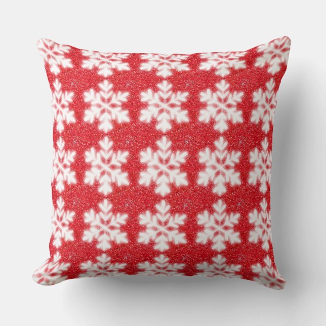 Frosty white snowflakes red white pattern throw pillow (Front)