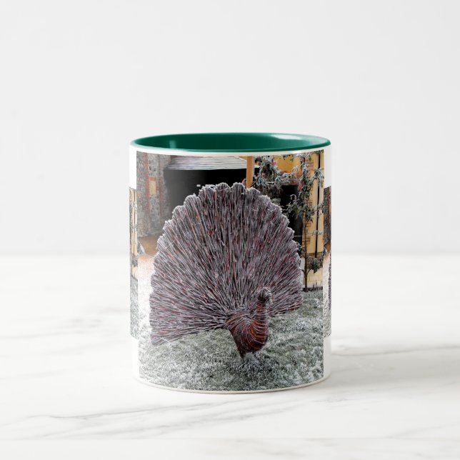 Frosty wickerwork peacock Two-Tone coffee mug (Center)