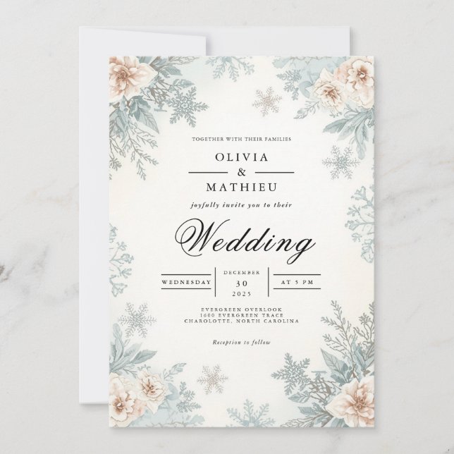 Frosty Winter Bloom Romance Wedding Invitation (Front)