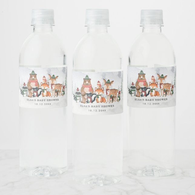 Frosty Winter Forest Woodland Animals Baby  Shower Water Bottle Label (Bottles)