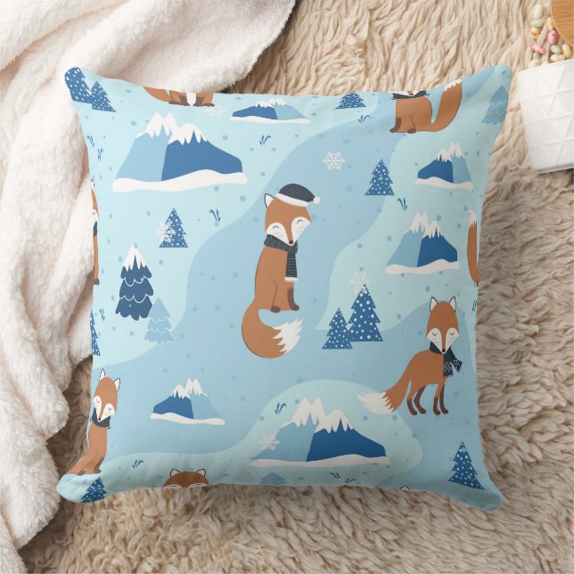 Frosty Winter Foxes Throw Pillow (Blanket)