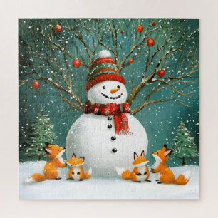 Frosty Winter Whimsical Snowman Fox Wonderland Jigsaw Puzzle