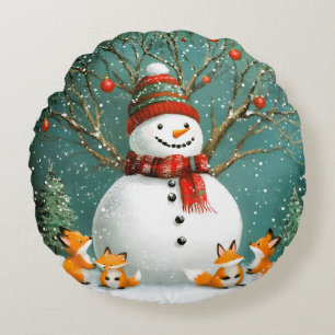 Frosty Winter Whimsical Snowman Fox Wonderland Round Pillow