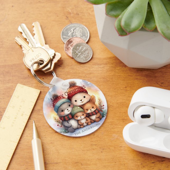 Frosty Woodland Family Personalize Merry Christmas Keychain (Desk)