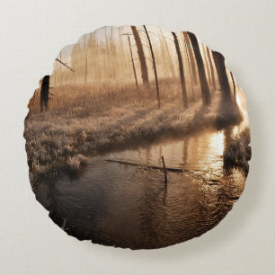 Frosty Yellowstone Morning Round Pillow