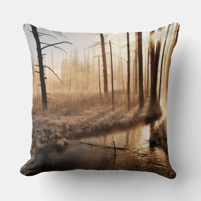 Frosty Yellowstone Morning Throw Pillow (Front)
