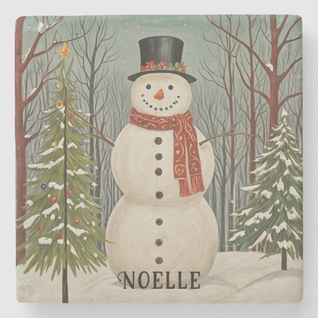 Frosty's Snowy Scene Personalized Christmas Stone Coaster (Front)