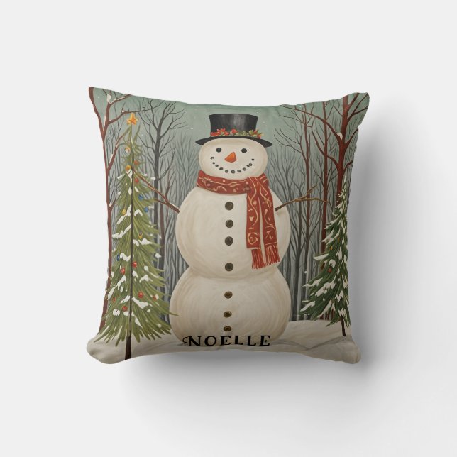 Frosty's Snowy Scene Personalized Christmas Throw Pillow (Front)