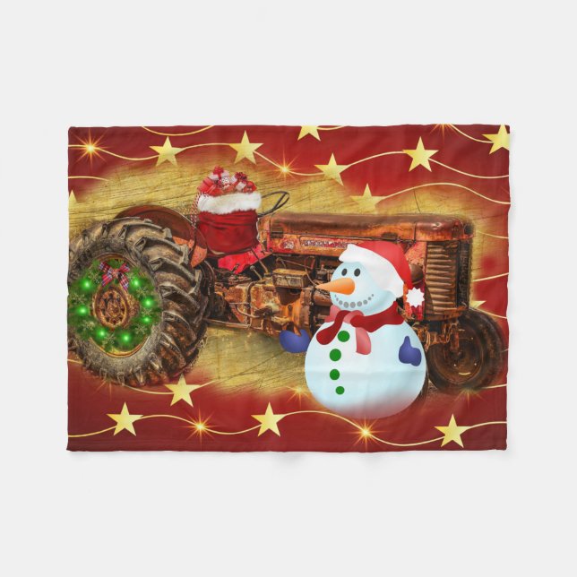 Frosty's Vintage Red Tractor Christmas Fleece Blanket (Front (Horizontal))