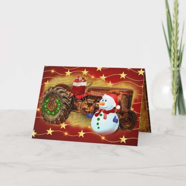 Frosty's Vintage Red Tractor Christmas Holiday Card (Front)