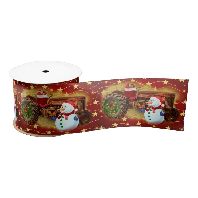 Frosty's Vintage Red Tractor Christmas Satin Ribbon (Spool)