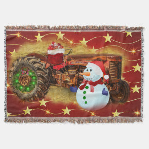 Frosty's Vintage Red Tractor Christmas Throw Blanket