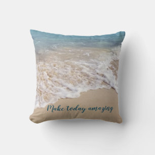 frothy sea foam on beach with quote throw pillow