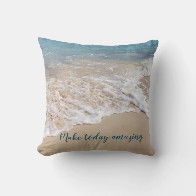 frothy sea foam on beach with quote throw pillow (Front)
