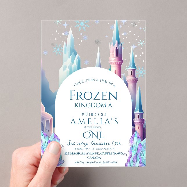 Frozen 1st Birthday Cartoon Castle Acrylic Invitations (Insitu (Handheld))