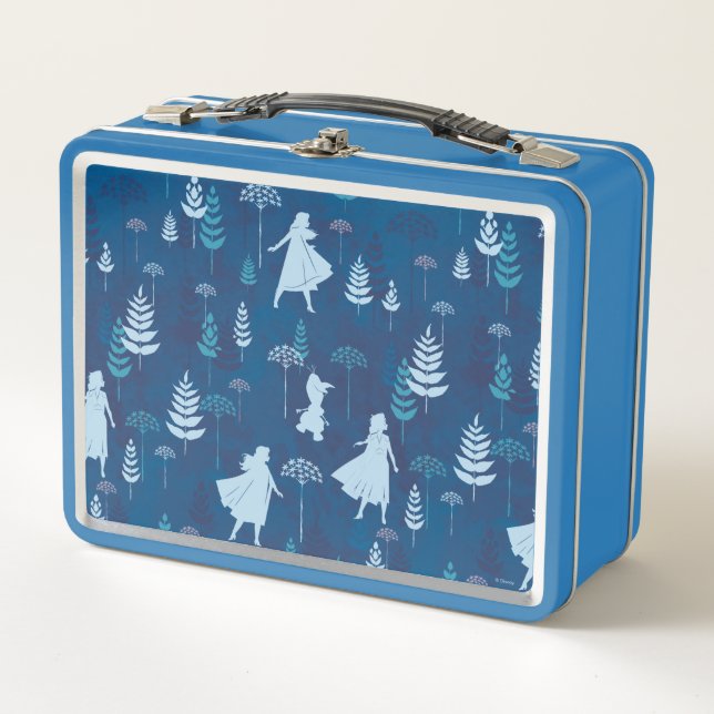 Frozen 2: Anna, Elsa, & Olaf Blue Foliage Pattern Metal Lunch Box (Front)