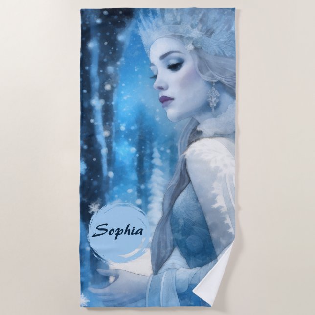 Frozen Beauty Snow Queen in Winter Wonderland Beach Towel (Front)