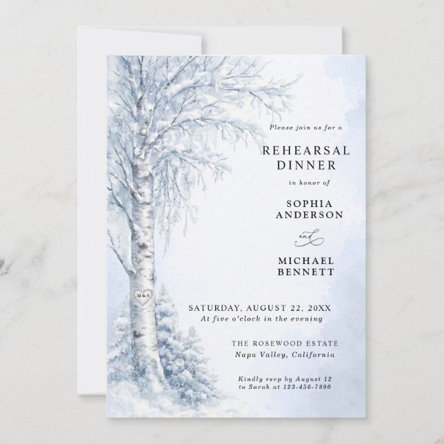 Frozen Birch Tree Wedding Rehearsal Dinner Invitation (Front)