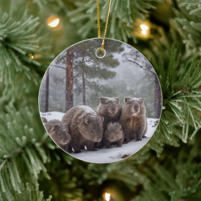 Frozen Burrow: Australian Wombat Family Ceramic Ornament (Tree)