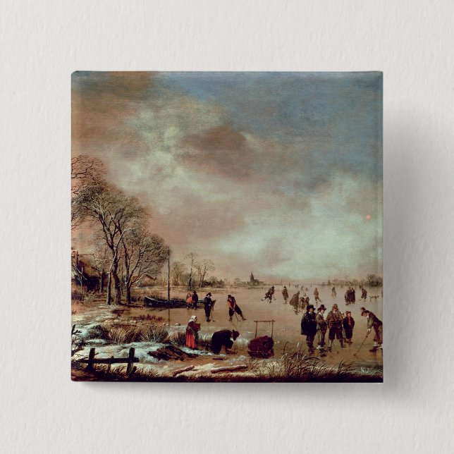 Frozen Canal Scene 2 Inch Square Button (Front)